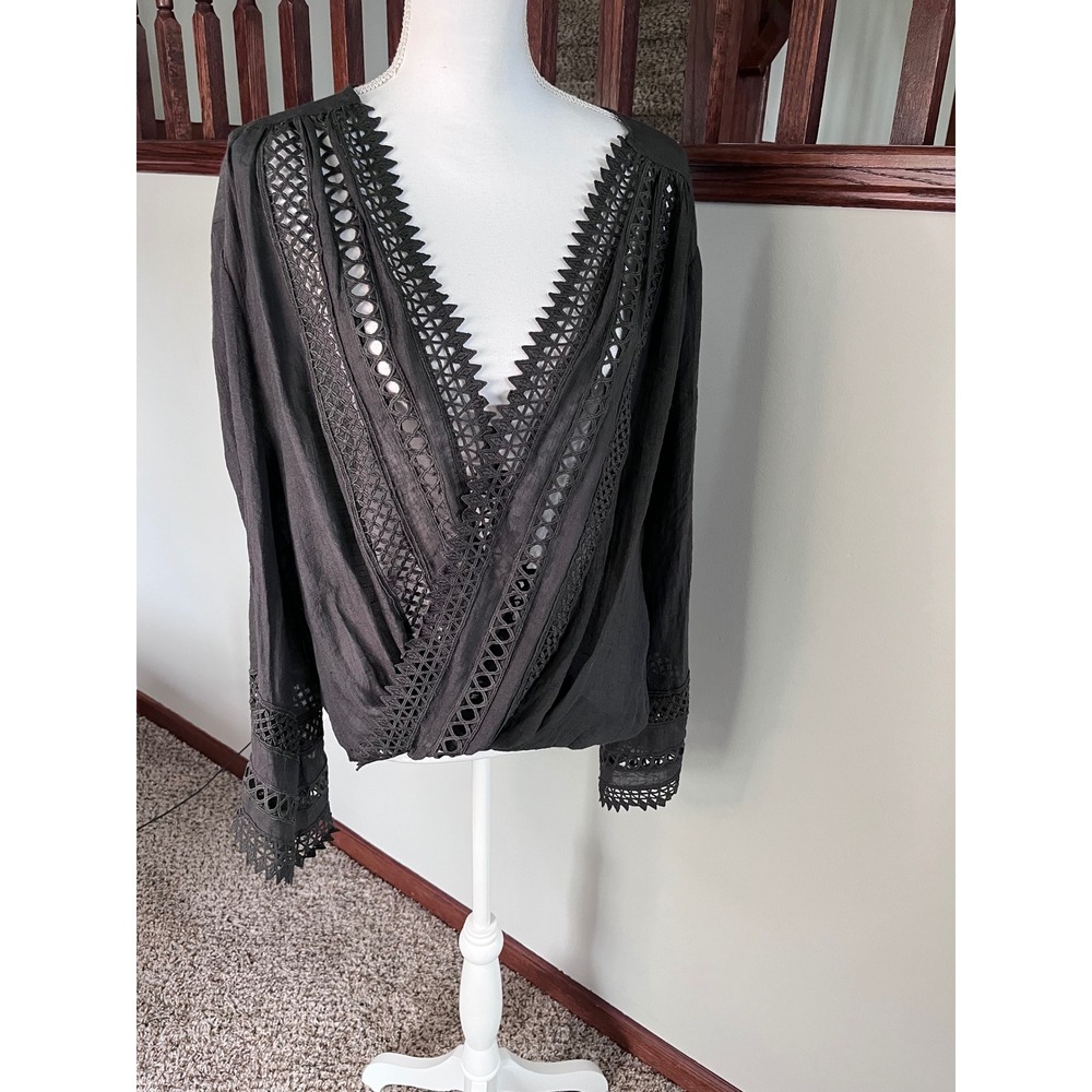 By Together Charcoal Gray Crochet Lace Faux Wrap Blouse Bell Sleeve L1754 Large